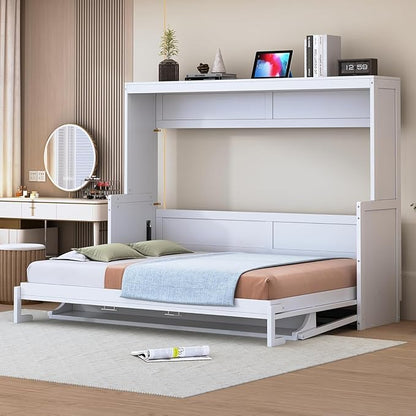 Virubi Full Horizontal Murphy Bed with Desk,Solid Wood Folding Hideaway Murphy Wall Bed for Adult,Guest Room (White,Full)