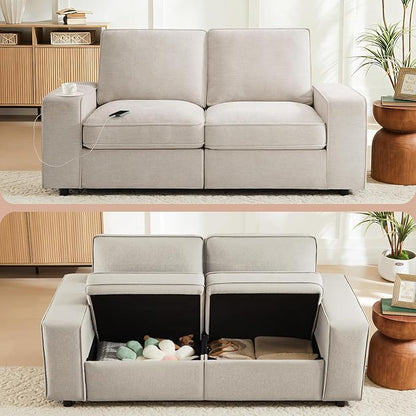 Waxberry 71" Chenille Loveseat Sofa Couch for Living Room with Seat Storage, Modern 2-Seater Deep Seat Sofa with Side Pockets & Type-C/USB Ports, Detachable Backrest for Office, Apartment (Beige)