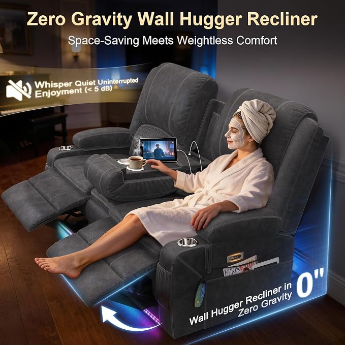 Power Recliner Loveseat Recliner with Massage and Lumbar Heating, Home Theater Reclining Loveseat with Flip Console, RV Couch Wall Hugger with 2 Speakers, Storage, USB, Outlet & LED (Velvet,Grey)