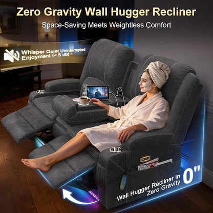 Power Recliner Loveseat Recliner with Massage and Lumbar Heating, Home Theater Reclining Loveseat with Flip Console, RV Couch Wall Hugger with 2 Speakers, Storage, USB, Outlet & LED (Velvet,Grey)