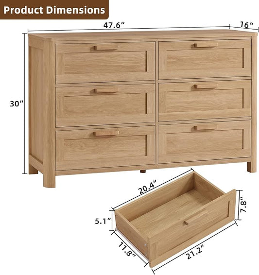 Joaxswe Farmhouse 6 Drawer Dresser for Bedroom, Horizontal Dressers with 6 Deep Drawers & 4 Thickened Table Legs, Natural