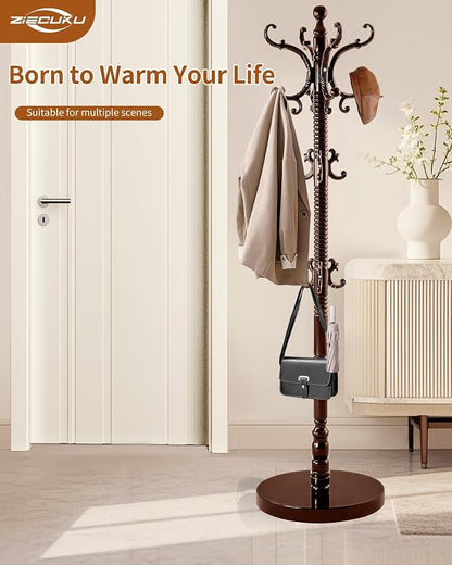Wooden Coat Rack Freestanding, Solid Wood Coat Rack Stand with 14 Hooks, Vintage Heavy Duty Standing Coat, Sturdy Jacket Hanger Tree Stand for Corner, Office, Entryway