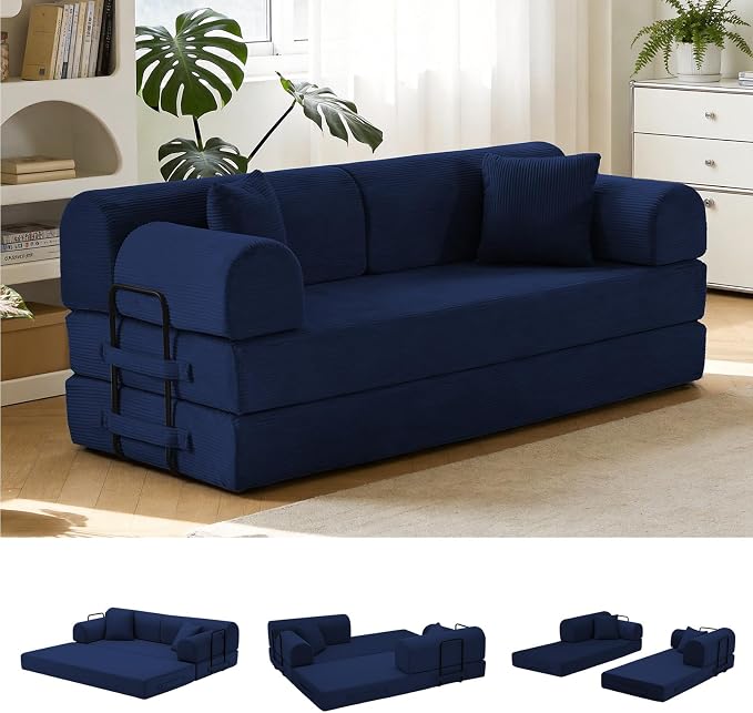 79'' Convertible Sofa Bed, 6 in 1 Folding Floor Futon Couch Sleeper with Fixed Frame, Corduroy Modular Sofa Bed with Removable Armrests & Pillows, No Assembly for Living Room Bedroom (Navy Blue)