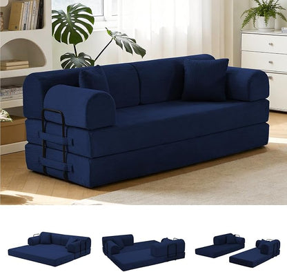 79'' Convertible Sofa Bed, 6 in 1 Folding Floor Futon Couch Sleeper with Fixed Frame, Corduroy Modular Sofa Bed with Removable Armrests & Pillows, No Assembly for Living Room Bedroom (Navy Blue)