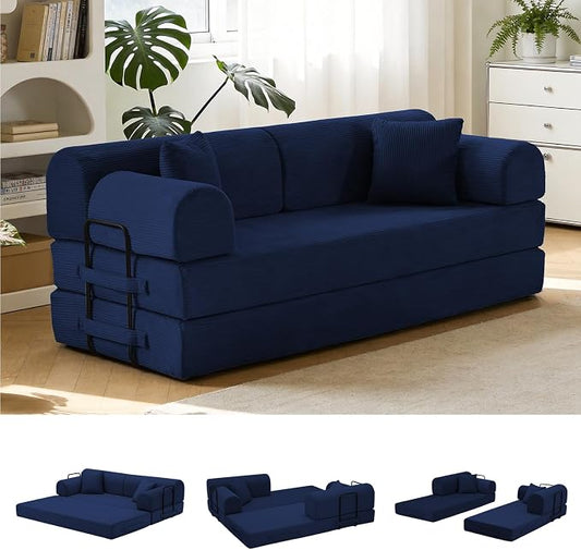 79'' Convertible Sofa Bed, 6 in 1 Folding Floor Futon Couch Sleeper with Fixed Frame, Corduroy Modular Sofa Bed with Removable Armrests & Pillows, No Assembly for Living Room Bedroom (Navy Blue)