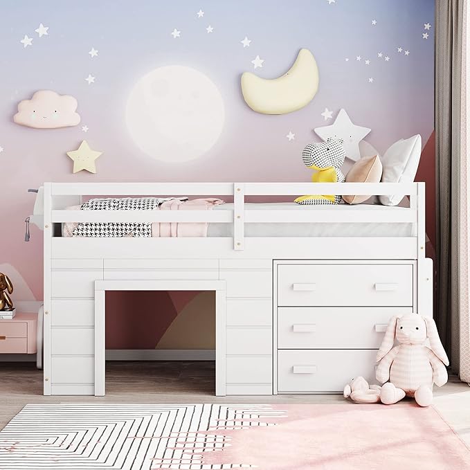 Bellemave Twin Size Low loft Bed for Kids,Wood Modern Farmhouse Twin Loft Bed with and Drawer Storage, No Box Spring Needed, White