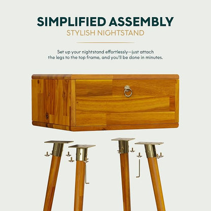 Bme Alden Solid Wood Nightstand/Side Table/End Table, Fully Assembled, with 1-Drawer for Mid Century Bedroom and Living Room, (12mm), Caramel