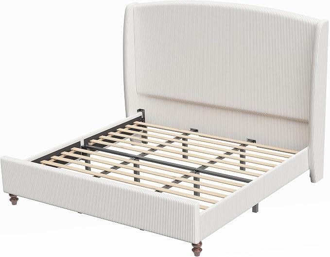65.7" Tall Headboard King Size Upholstered Bed Frame with Wingback, Soft Washable Corduroy Beds Cover, Solid Wood Legs, Noise-Free, No Box Spring Needed, Cream