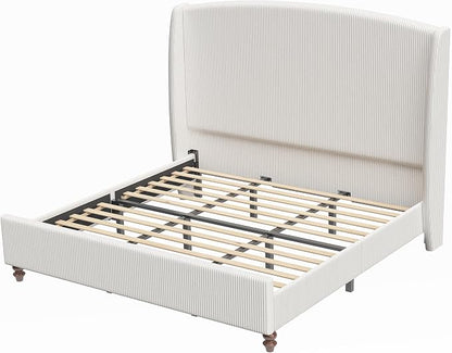 65.7" Tall Headboard King Size Upholstered Bed Frame with Wingback, Soft Washable Corduroy Beds Cover, Solid Wood Legs, Noise-Free, No Box Spring Needed, Cream