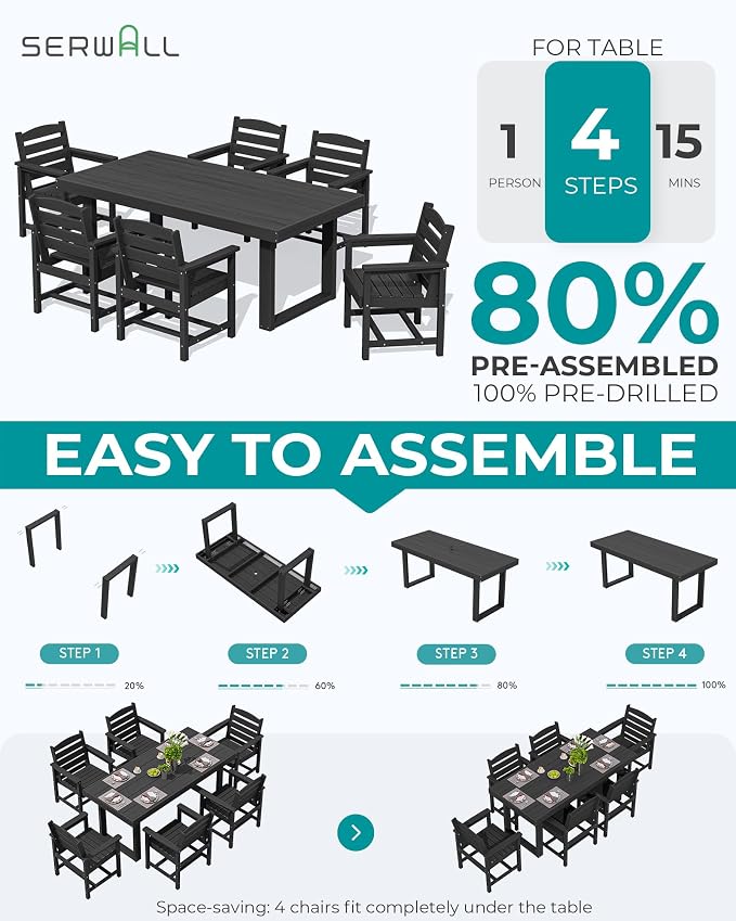 SERWALL HDPE Outdoor Dining Set for 6, 67'' Patio Table and Chairs Set | with Armchair Seat