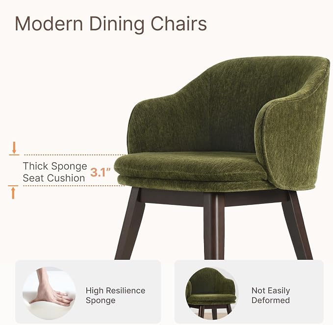 KISLOT Wooden Dining Chairs Set of 2, Fabric Upholstered Modern Dining Room Chairs with Barrel Backrest & Double-Layer Thick Cushion for Living Room, Restaurant, Kitchen and Café, Green