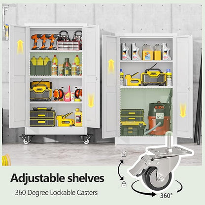 Metal Garage Storage Cabinet, 46”Tall Rolling Utility Cabinet White | storage system with Wheels, Lock, 3 Adjustable Shelves, Heavy Duty Steel Tool Locker for Home Office, Utility Room, Gym