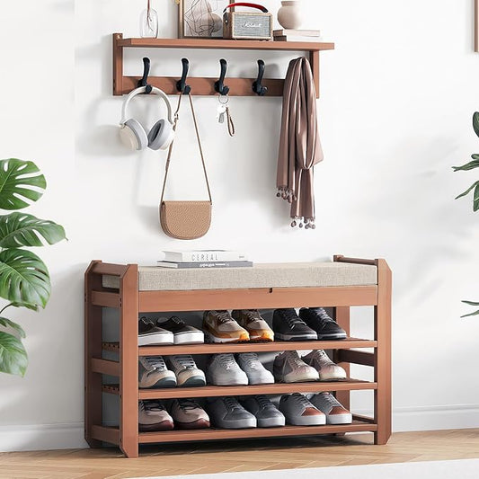 27.6" Bamboo Shoe Bench with Cushion, 5 Hooks Coat Rack, 3-Tier Adjustable Storage Bench for Entryway, Heavy Duty Shoe Rack Organizer with Removable Soft Cushion for Living Room Bedroom Hallway