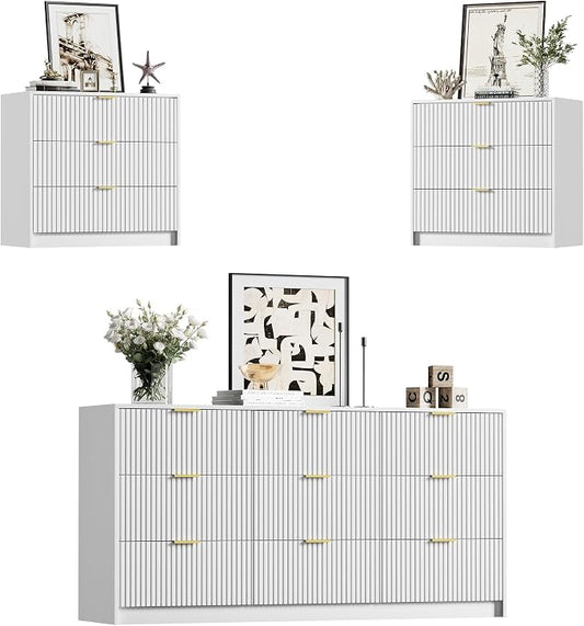 Furniway 3 Piece Bedroom Set, 9 Drawer Dresser and Nightstand Set of 2 with Gold Handles, Modern Wood Chest of Drawers Storage Cabinet for Bedroom, White