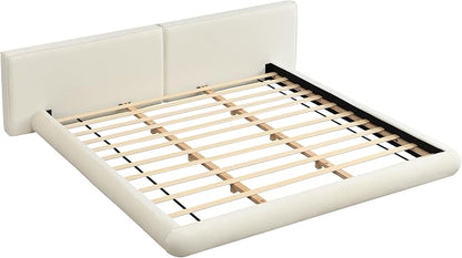 Merax King Size Low Profile Floor-Hugging Platform Bed, Platform Bed Frame with 27.45'' Headboard, 800lb WeightCapacity, Upholstered Modern Bed in Fabric, Cream