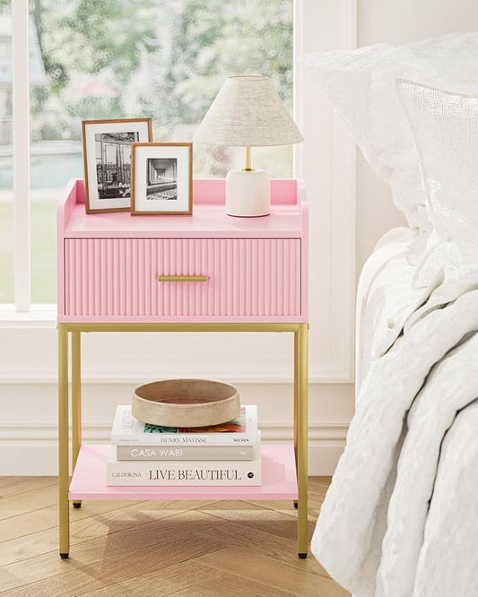 Nightstand, 3-Tier Bed Side Table, Small End Table, Night Stand with Open Shelf and Drawer, Bedside Table for Bedroom, Living Room, Pink