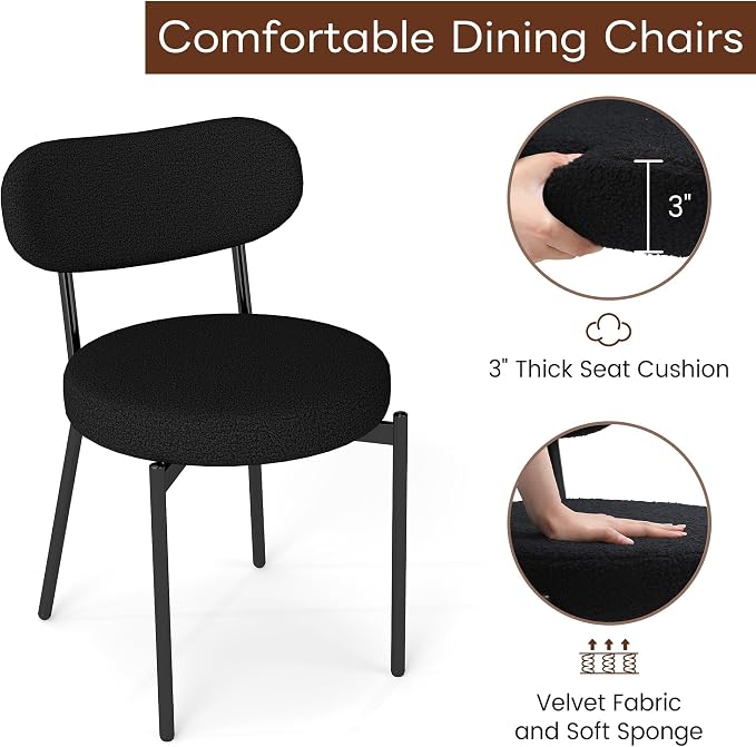 KROFEM Set of 2 Boucle Fabric Dining Chairs,Black | Mid-Century Style Comfort Sponge Filled Seat Back Dining Room Chairs for Kitchen Dining Table