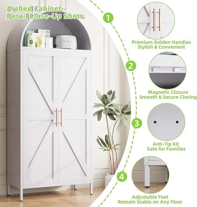 72.8" White Metal Arched Pantry Cabinet for Kitchen Storage, Tall 2-Door Cupboard with 6 Adjustable Shelves, Magnetic Closure & Anti-Tip Kit, 15.4" D x 30.7" W, Assembly Required