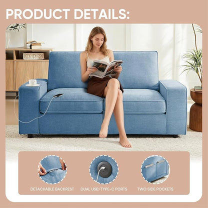 Waxberry 71" Chenille Loveseat Sofa Couch for Living Room with Seat Storage, Modern 2-Seater Deep Seat Sofa with Side Pockets & Type-C/USB Ports, Detachable Backrest for Office, Apartment (Blue)