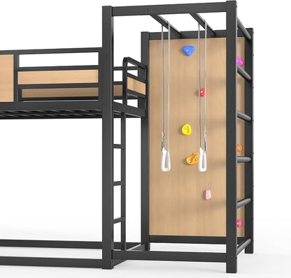 Harper & Bright Designs Twin Over Twin Metal Bunk Bed with Slide & Climbing Wall & Basketball Hoop Bookshelves for Love Sports, Yellow+Black
