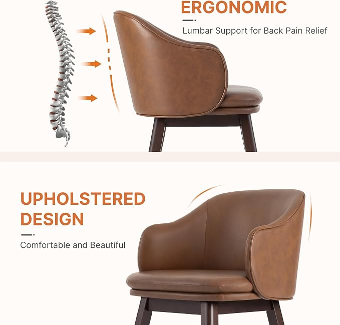 KISLOT Wooden Dining Chairs Set of 4, Faux Leather Barrel Upholstered Modern Dining Room Chairs with Soild Wood Leg & Double-Layer Thick Cushion for Restaurant, Kitchen, Brown
