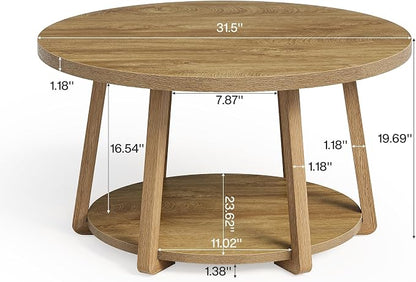 LITTLE TREE Round Coffee Table, 2-Tier Center Table with Storage, Wooden Legs, 31.5 Dia. x 19.6 H Inches, Easy Assembly, Circle Coffee Tables for Living Room, Bedroom