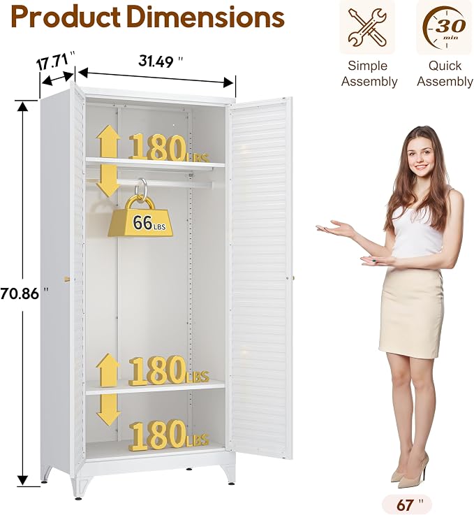 UNICOLY Metal Wardrobe Closet, 71'' Wardrobe Cabinet with Hanging Rod, Armoire Wardrobe Closet with 2 Louver Doors, Adjustable Shelves, for Bedroom, Cloak Room, School, Gym, Government, White