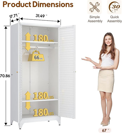 UNICOLY Metal Wardrobe Closet, 71'' Wardrobe Cabinet with Hanging Rod, Armoire Wardrobe Closet with 2 Louver Doors, Adjustable Shelves, for Bedroom, Cloak Room, School, Gym, Government, White