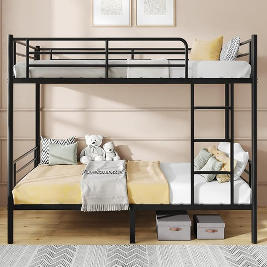 Bunk Bed Twin Over Twin with Ladders and Guardrail,Sturdy Literas Heavy Duty Metal Slats,400 lbs Capacity,No Spring Box Required,Black