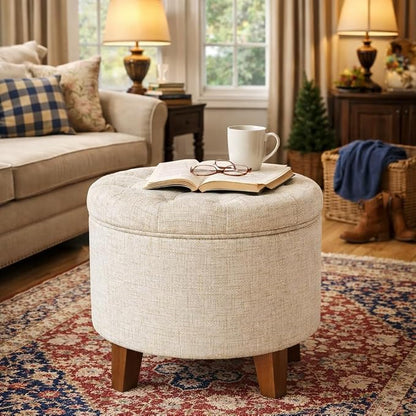 HomePop 19" Button Tufted Round Storage Ottoman - Cream Textured Solid