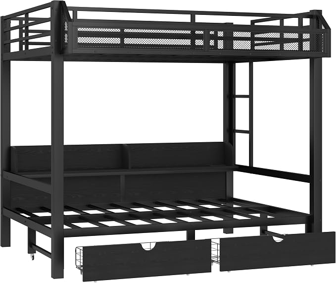 Bellemave Bunk Bed Full Over Full，Metal Bunk beds with Storage Shelves and Drawers USB Ports and LED Lights, Lower Bed That can be Converted into a Sofa, Black