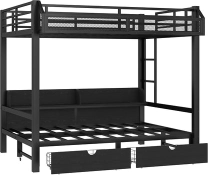 Bellemave Bunk Bed Full Over Full，Metal Bunk beds with Storage Shelves and Drawers USB Ports and LED Lights, Lower Bed That can be Converted into a Sofa, Black