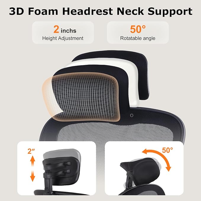 ralex-chair Ergonomic Office Chair with Adjustable Headrest & Lumbar Support, Computer Desk Chair with Flip-Up Armrests, Comfortable for Home, Office, Conference Room