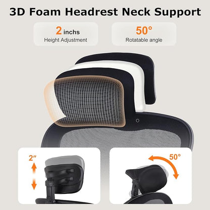 ralex-chair Ergonomic Office Chair with Adjustable Headrest & Lumbar Support, Computer Desk Chair with Flip-Up Armrests, Comfortable for Home, Office, Conference Room