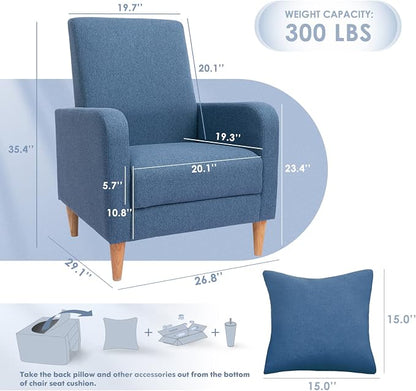 COLAMY Mid-Century Modern Upholstered Accent Chair with Back Pillow & Solid Wood Legs, Fabric Cozy Armchair for Living Room, Bedroom, Reading Nook, Apartment & Small Spaces, Blue