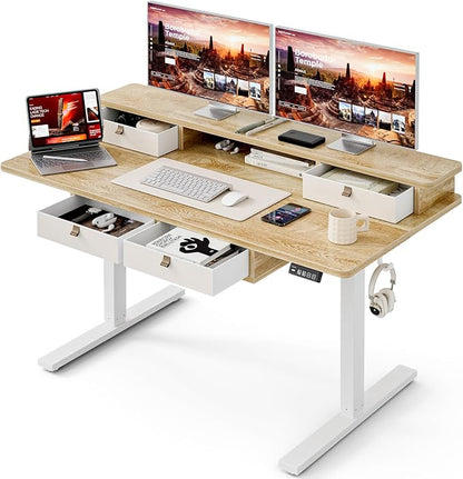 Grandder Electric Standing Desk with Four Drawers, Sit to Stand Up Height Adjustable Desk with Storage Shelf for Home Office, 55 * 24 Inch, Study, Ergonomic Adjustable Computer Desk, Oak
