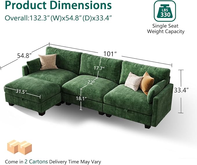 Modular Sectional L Shaped Sofa Couches for Living Room, Cloud Couch with Storage Ottoman, Comfy Chenille Sofa with Pillow, Green