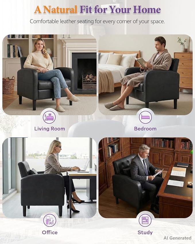 TYBOATLE Leather Accent Chair w/Storage, Comfy Modern Living Room Chairs, Black Accent Chair w/Side Pockets, Armchair for Bedroom, Waiting Room, Office