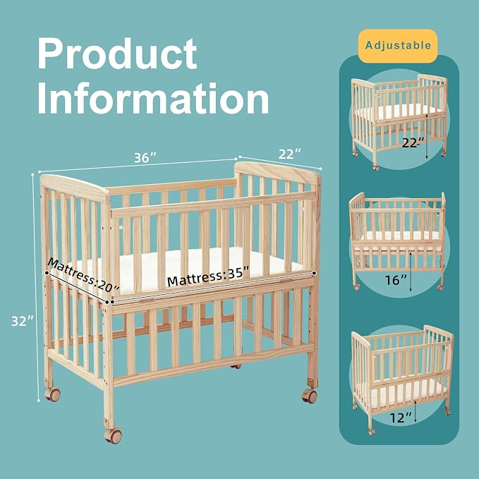 Flwrgirl Mini Baby Crib with Mattress,Portable Bedside Bassinet Sleeper,6 Adjustable Heights,Wood Nursery Crib with Locking Wheels,Compact Baby Bed for Newborns Infants,Unpainted