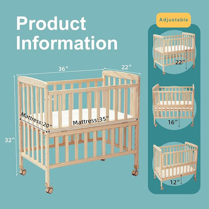 Flwrgirl Mini Baby Crib with Mattress,Portable Bedside Bassinet Sleeper,6 Adjustable Heights,Wood Nursery Crib with Locking Wheels,Compact Baby Bed for Newborns Infants,Unpainted
