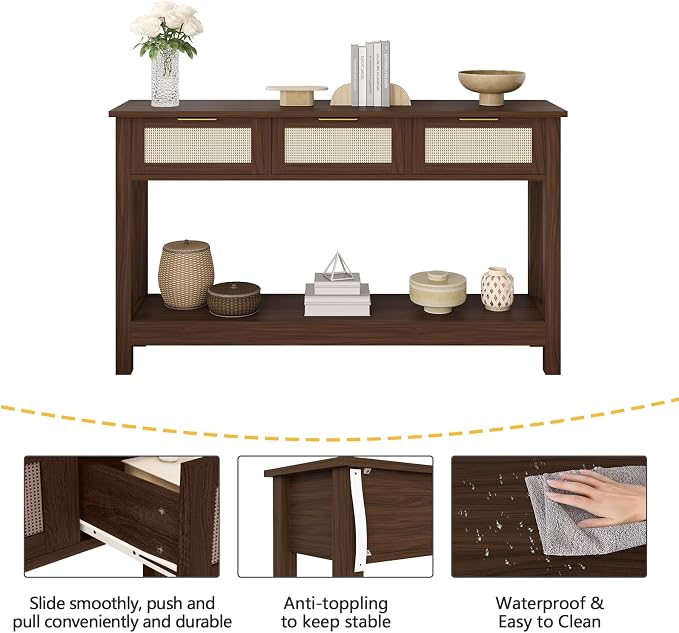 Luoxiao Console Table for Entryway with 3 Rattan Drawers Storage Open Shelf | Narrow Entry Table for Hallway, Foyer, Couch, Front Entrance, Anti-Tip, Easy to Assemble, 47 Inch, Walnut, Mid-Century Modern