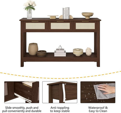 Luoxiao Console Table for Entryway with 3 Rattan Drawers Storage Open Shelf | Narrow Entry Table for Hallway, Foyer, Couch, Front Entrance, Anti-Tip, Easy to Assemble, 47 Inch, Walnut, Mid-Century Modern