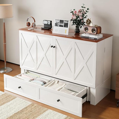 Mjkone Full Size Murphy Bed with Tri-Fold Mattress, Storage Drawers, Hidden Folding Cabinet Bed with USB Charging Station, Space Saving Wall Chest Beds for Bedroom Living Room, White