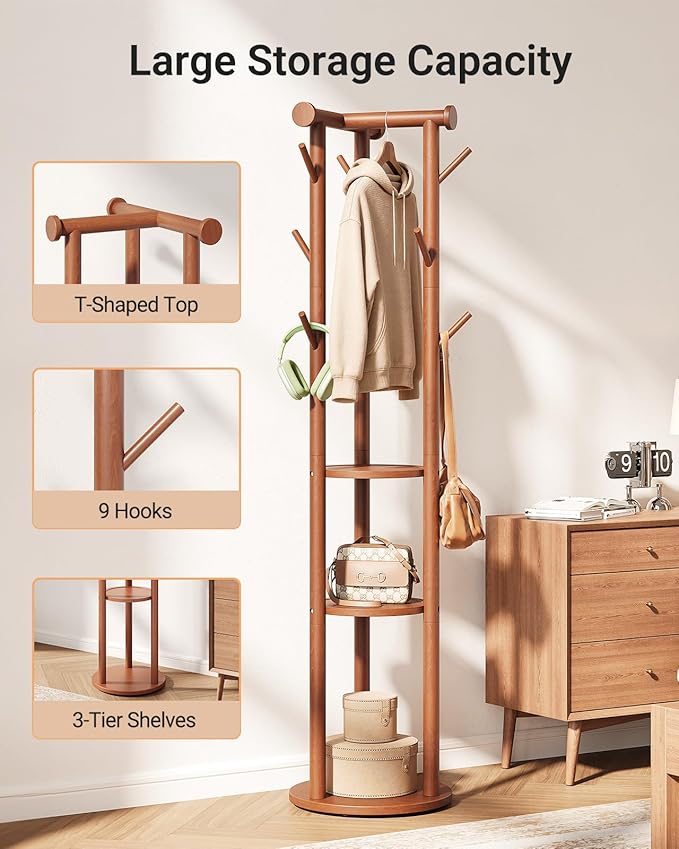 Pipishell Solid Wood Freestanding Coat Rack, Coat Tree with 5 Wheels, Wooden Coat Stand with 9 Hooks & 3-Tier Shelves for Entryway, Bedroom, Hallway, Living Room