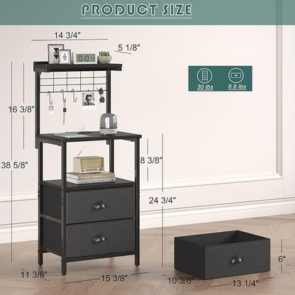 sthmec Bedside Tall Nightstands with Charging Station, LED Bedside Table for Bedroom - 2 PU Fabric Drawers, Hooks, USB/Type-C Ports & Open Bedside Shelves, Black