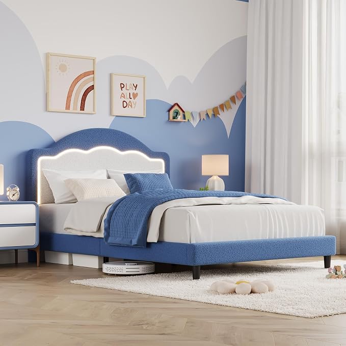 IDEALHOUSE Full Bed Frame with LED Headboard, Boucle Fabric Upholstered Platform Bed with LED Light for Kids, Girls, Wooden Slats Support, No Box Spring Needed, Blue