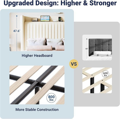 Allewie Full Size Platform Bed Frame with USB Charging Station and Storage Shelf/Upholstered Velvet Wingback Headboard/Wooden Slats Support/No Box Spring Needed/Easy Assembly, Cream