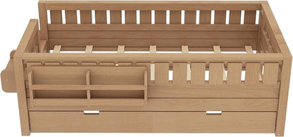 Bellemave Twin Kids Montessori Bed with Stairs, Bookshelf and Trundle, Solid Wood Kids Bed Frame with Storage for Boys Girls, Low Profile,Natural