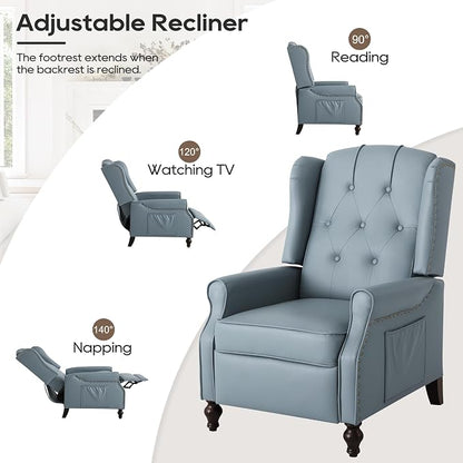 Wingback Recliner Chair with Massage and Heat, Tufted PU Leather Push Back Arm Chair for Living Room Vintage Recliner Chair with Remote Control, Padded Cushion, Backrest (Blue-PU)