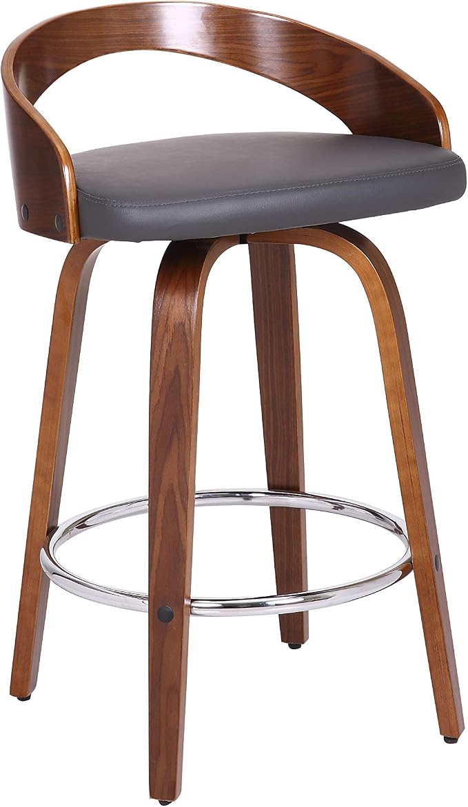 Armen Living Sonia 26" Counter Height Swivel Gray Faux Leather and Walnut Wood Bar Stool